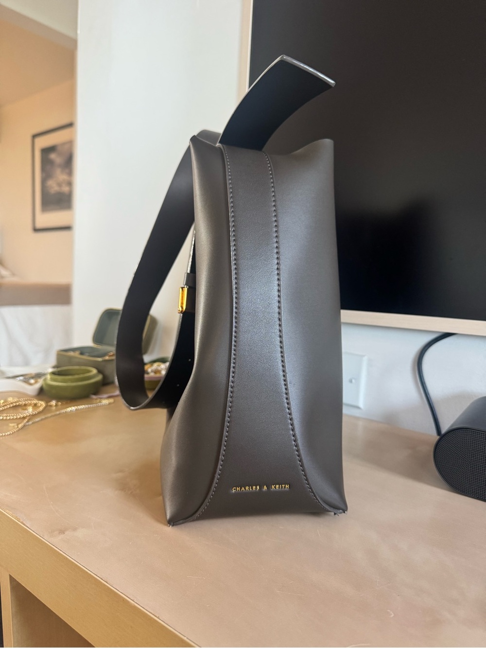 Charles & Keith Olive Sculpted Messenger Bag with Gold Accent